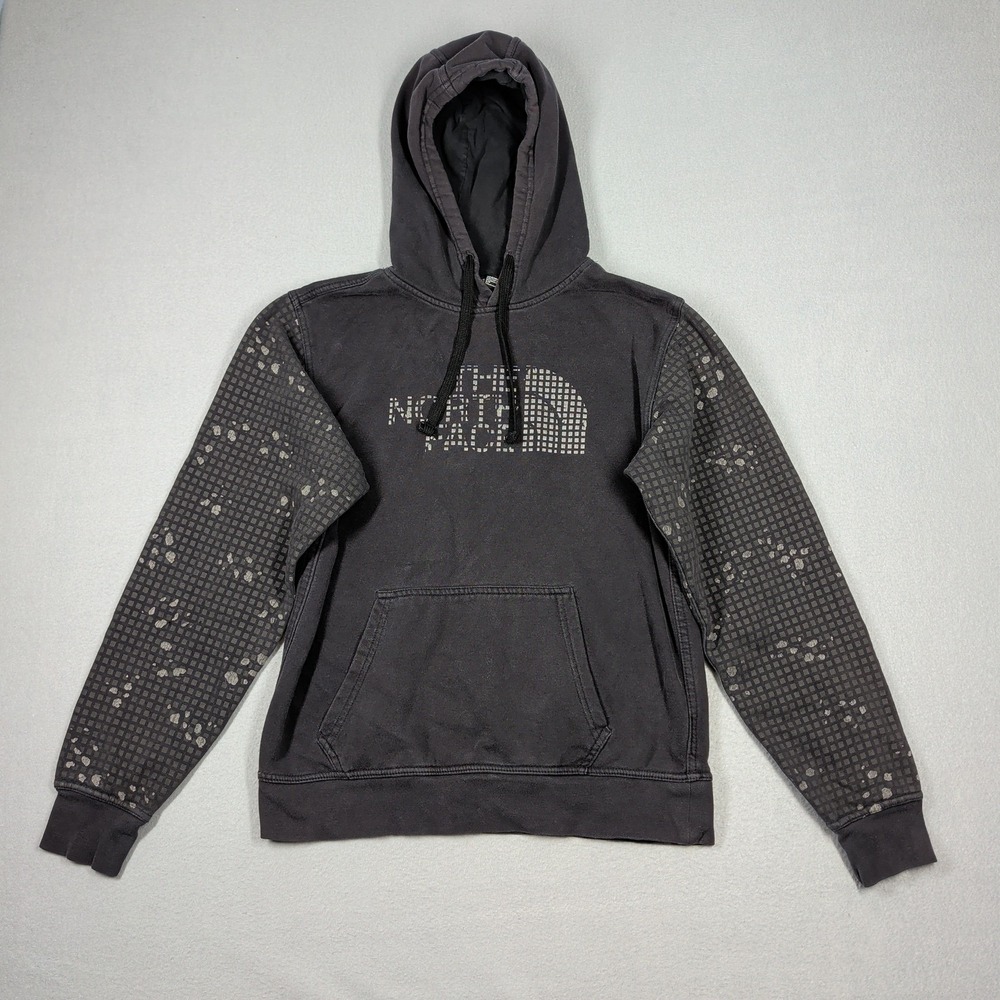 The North Face Hoodie Mens Small Black‎ Grid Logo Splatter Sleeve Pullover